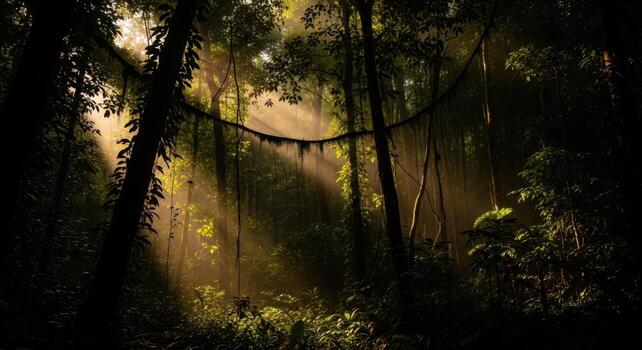 The sun shines through the trees in the jungle photo