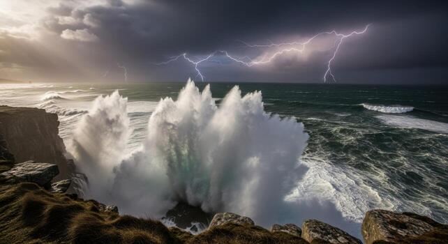 Lightning strikes over the ocean and a large wave photo