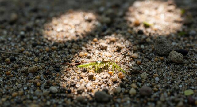 A small green bug on the ground with its shadow photo