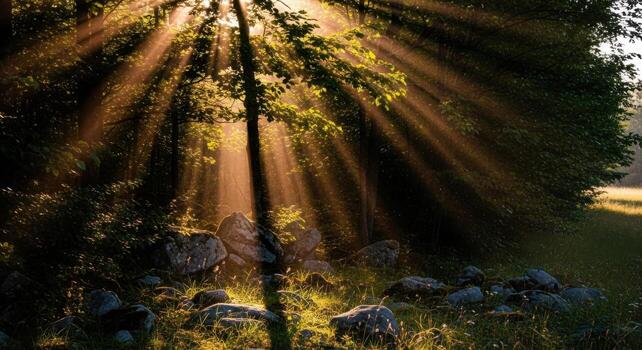 Sunbeams shining through trees in a forest photo