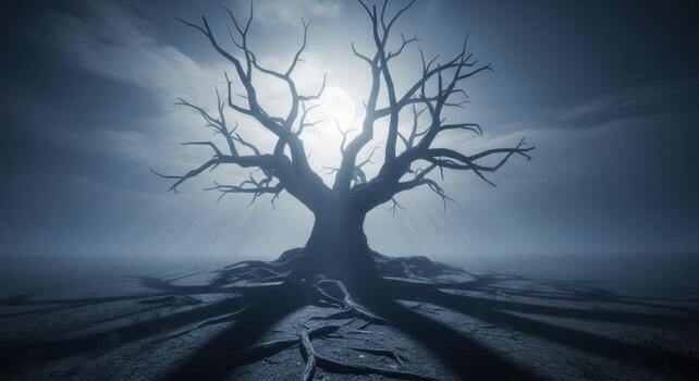 A dark tree with no leaves in the middle of a field photo