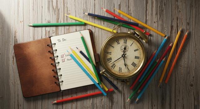 A clock, pencils and notebook on a wooden table photo