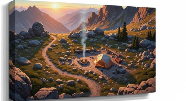 A canvas print of a camp site in the mountains photo
