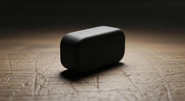 A black square object sitting on a wooden table photo