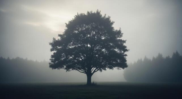 A lone tree in the foggy field photo