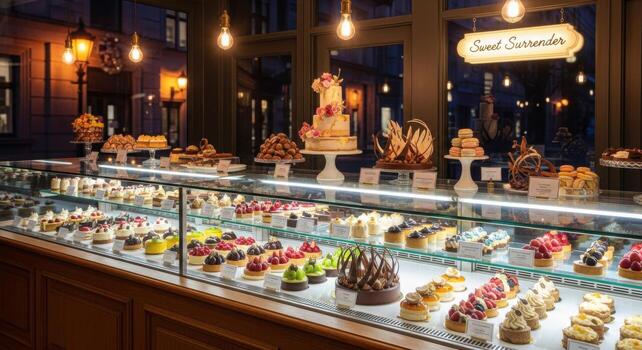 un panadería monitor caso con muchos diferente tipos de pasteles foto