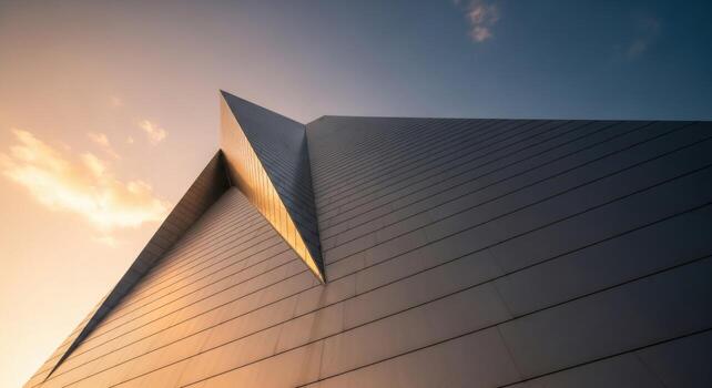 The sun sets on the side of a building photo