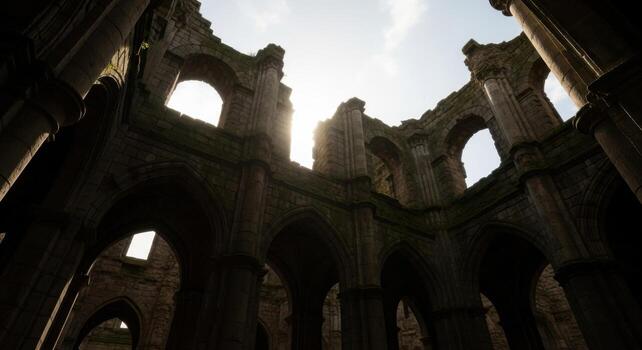 The sun shines through the windows of an old building photo