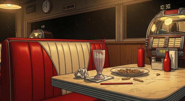 A diner with a red booth and a jukebox photo