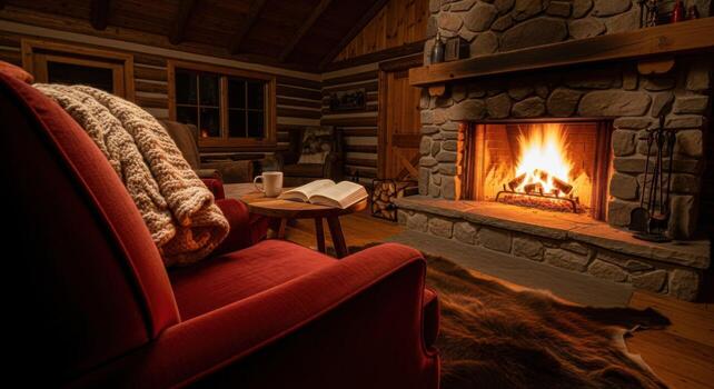 un hogar en un Iniciar sesión cabina con un silla y libro foto