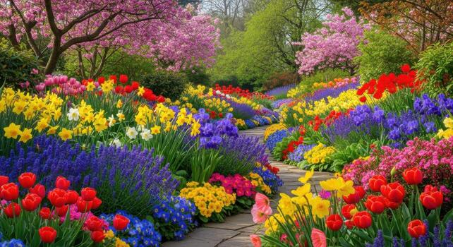 A path through a garden with colorful flowers photo