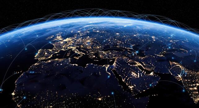 The earth with network lines and lights in space photo