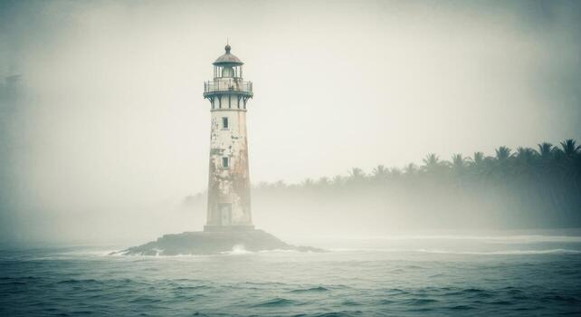 A lighthouse in the fog on a beach photo