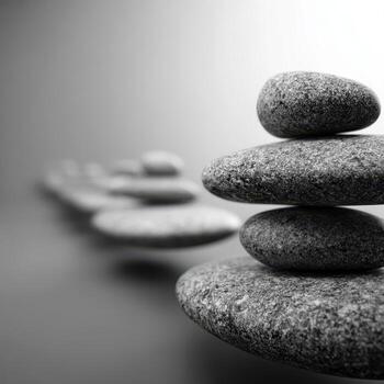 Zen balance stone stack, gray pebble harmony, minimal calm gentle focus, serene mood photo