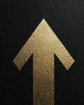 Golden arrow, minimal black background, textured metallic, upward direction, bold photo