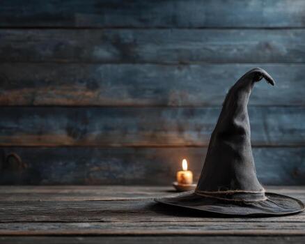 Witch hat on wooden floor with candle light creating mysterious atmosphere photo