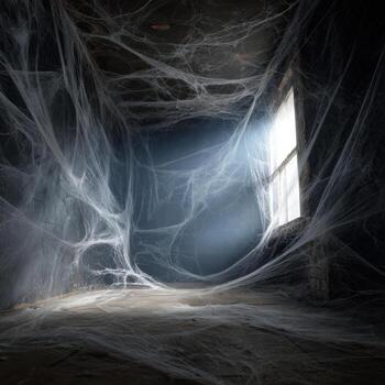 Spooky cobweb haunted room abandoned house dusty floor dim light eerie mood window glow decayed photo