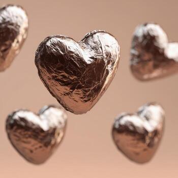 Floating chocolate hearts wrapped in foil on minimal background photo