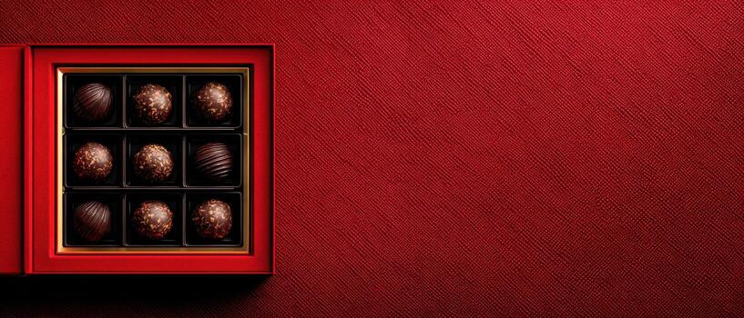 Chocolate praline red box Gift box with assorted chocolate pralines on textured red background photo