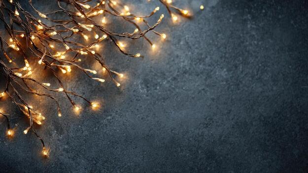 Warm fairy light string on dark concrete background, festive glow and cozy mood photo