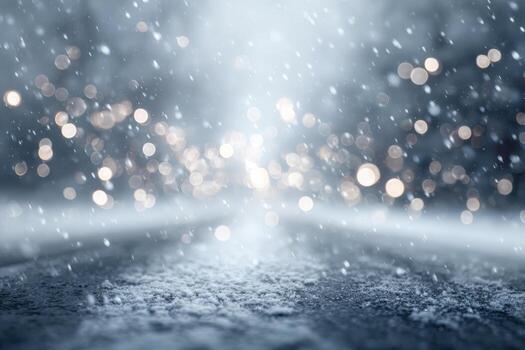 Snowy road with bokeh lights creating magical winter atmosphere photo