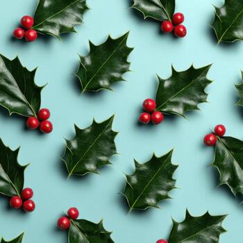 Holly leaf pattern, red berry cluster, teal background, festive seamless, cheerful vibe photo