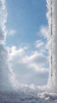 Snowy window frame border, frosty edge, winter sky, soft cloud, serene mood photo