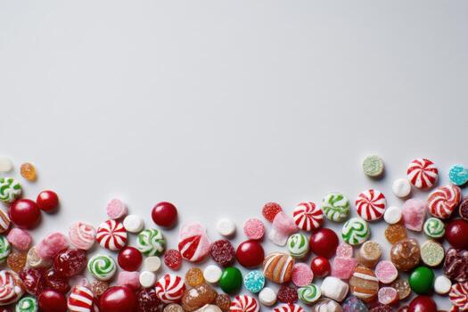 Peppermint candy red white festive border with assorted sweets and central copy space photo