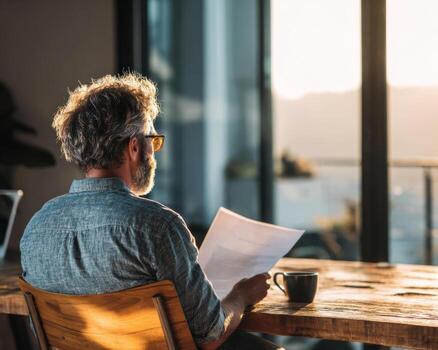 Calm manager morning light office paperwork coffee cup reflection window view photo