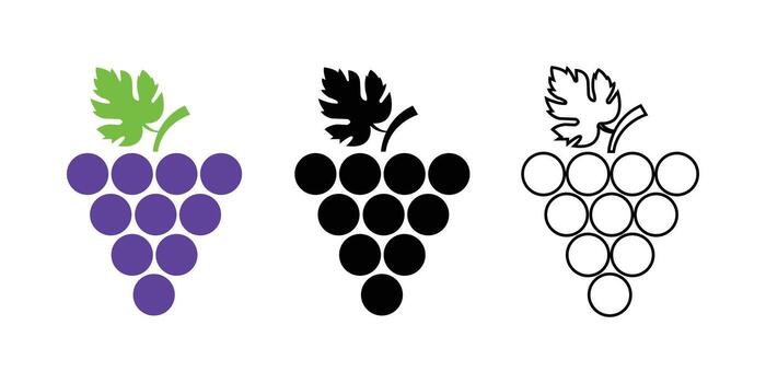 Three bunches of grape icons in different styles are on white background vector