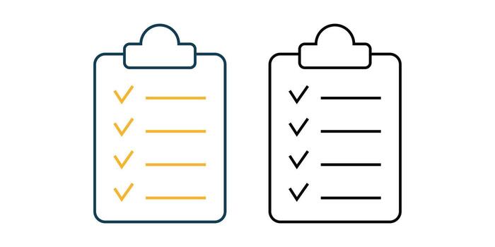 Outlined clipboard icons exhibit checklists with checkmarks and lines on a white background vector