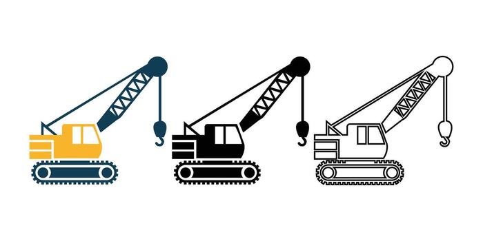 Three crane machines are displayed using colorful, black, and outline options against white background vector