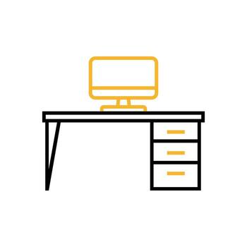 Minimalist office desk with computer monitor shown in black and yellow on white background vector