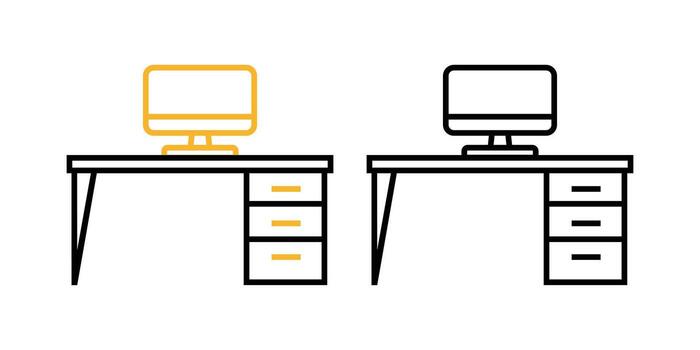 Two linear desks feature computers with one golden and one black on white background vector