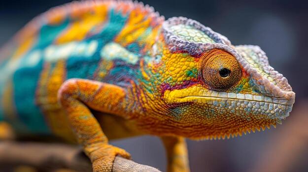 Macro portrait of a panther chameleon, a close-up of the reptile's vibrant multi-colored skin with a tropical jungle atmosphere photo