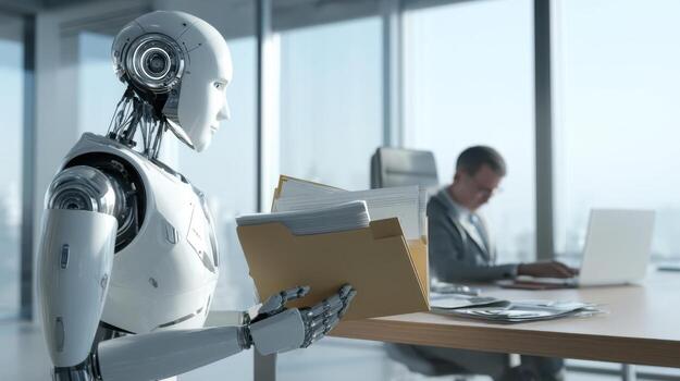 Humanoid robot holds folder with business documents next to office desk, AI-powered assistant improves work efficiency photo