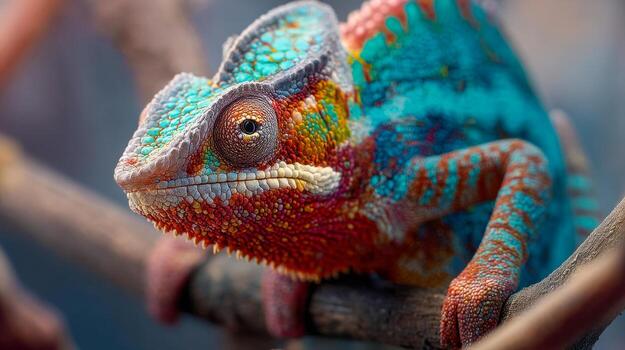 Panther chameleon with brightly colored scales, exotic lizard macro on a branch photo