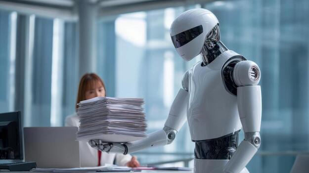 A futuristic humanoid robot assisting office workers with paperwork, bringing artificial intelligence to the workplace photo