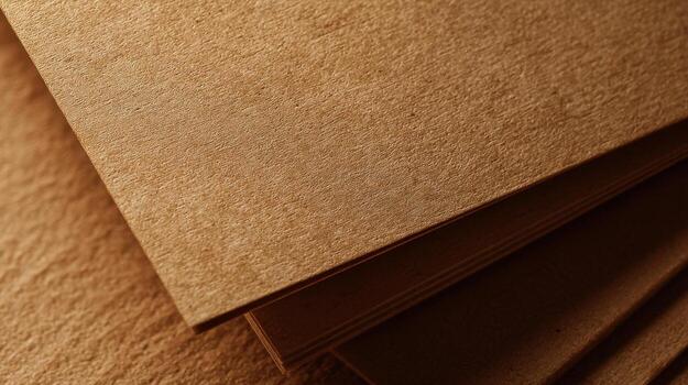 Stack of brown kraft paper sheets with natural rough surface, recycled cardboard background photo