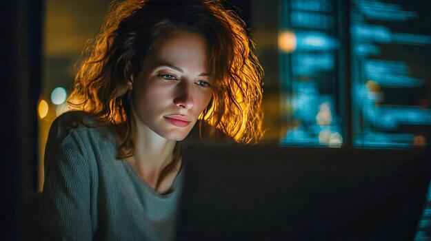 enfocado hembra programador codificación tarde a noche en ordenador portátil pensando acerca de datos en antecedentes foto