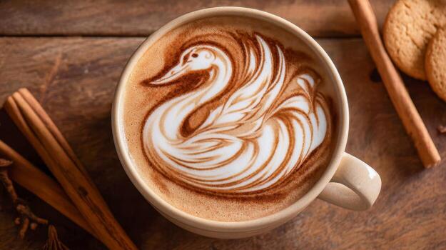 Swan latte art in a beige cup with cinnamon sticks and cookies on a wooden table photo