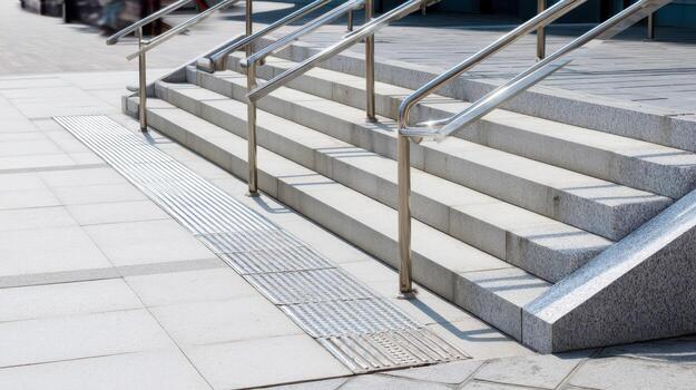 A modern staircase with a ramp, protective handrails, and tactile paving, an inclusive urban infrastructure design photo