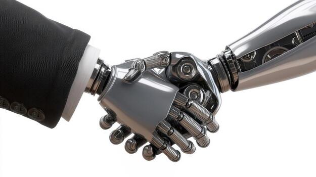 A handshake between a human and a robot, a partnership between artificial intelligence and business technologies photo