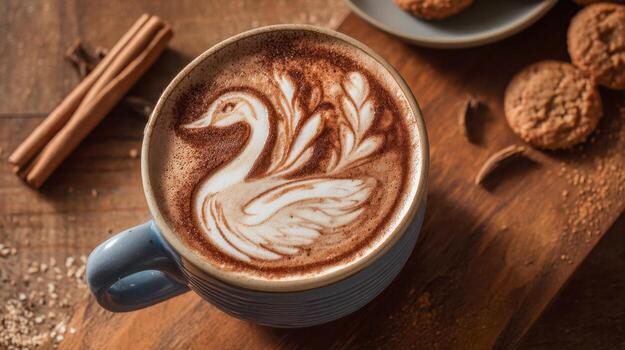 Swan latte art in blue cup with cinnamon sticks and cookies on rustic wooden table photo