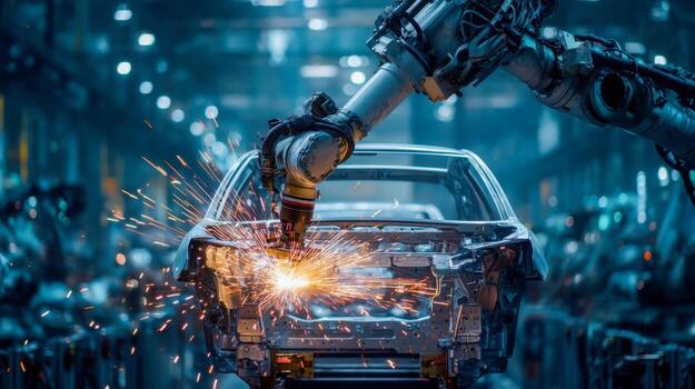 An industrial welding robot assembles a car frame using sparks, a modern automotive plant technology photo
