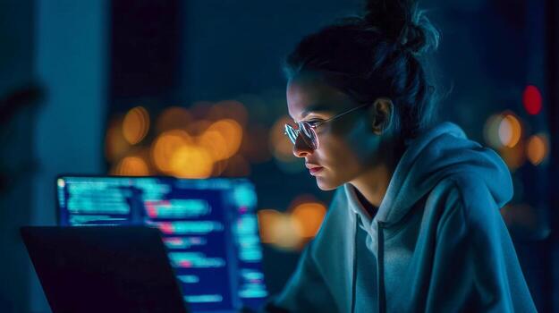 Focused female programmer in hoodie working on laptop looking at colorful codes at night photo
