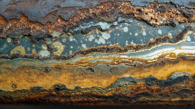 Close-up of rusty oxidized metal surface with layers of corrosion, abstract industrial texture photo