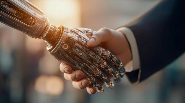 A human hand shakes hands with a robot, symbolizing a future technological partnership photo