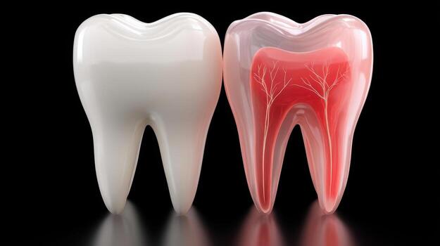3D visualization of a healthy tooth and a tooth with nerve anatomy, illustration of the structure of teeth and oral health photo