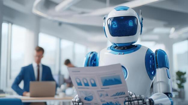 A humanoid robot analyzes a financial report in a modern office. Artificial intelligence in business and data analytics photo